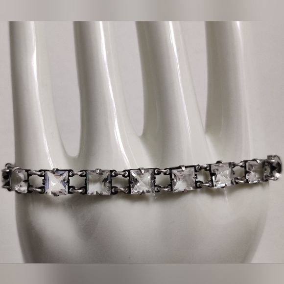 Antique True Art Deco Square Cut Crystal Bracelet Sterling Silver - Picture 3 of 15